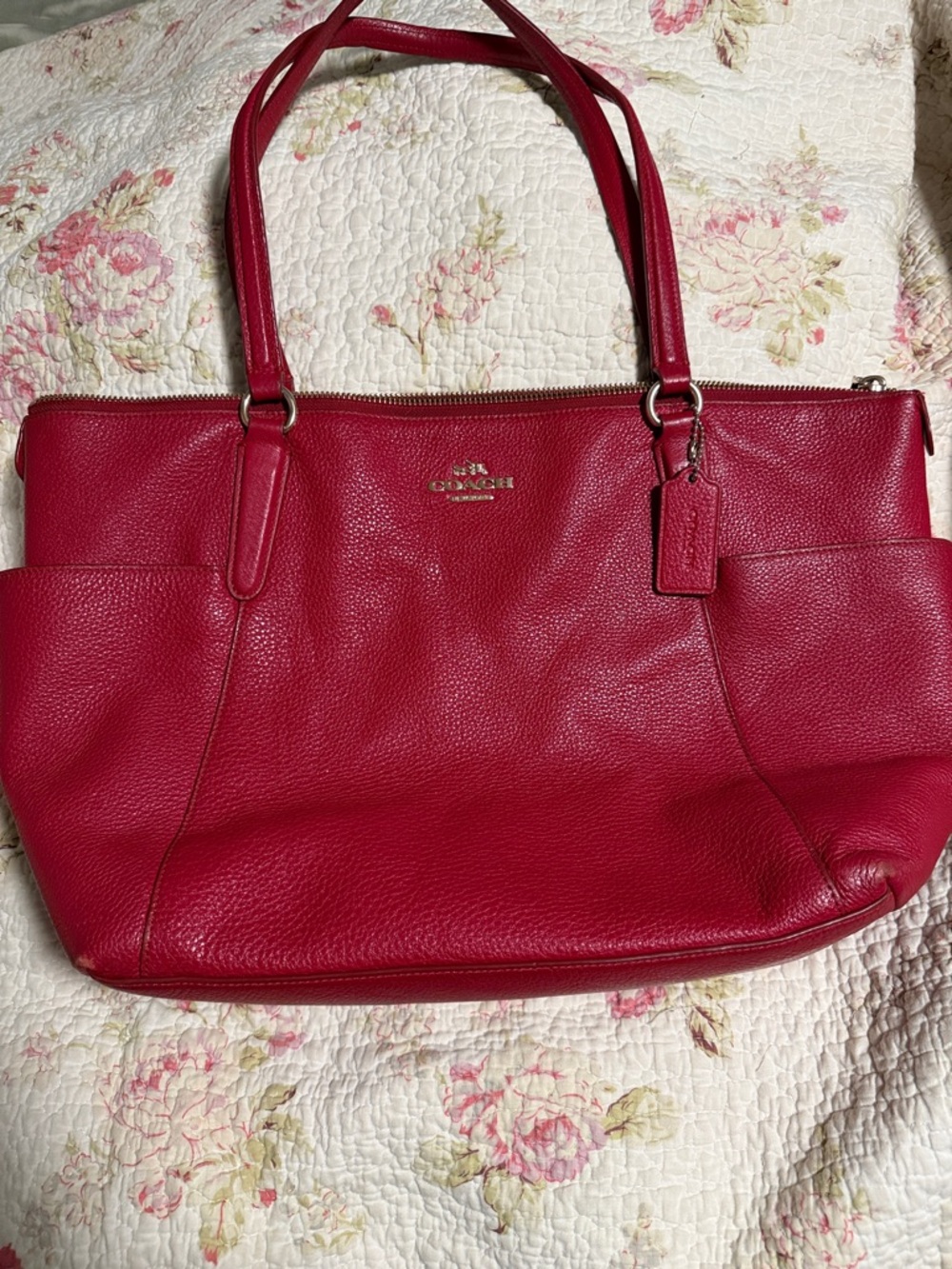 Coach Red Pebbled Leather Tote with Exterior Pockets